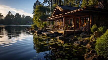Fototapeta na wymiar The picture depicts a serene lakeside refuge with a wooden home surrounded by a lake's placid waters, exuding peace and tranquillity. .