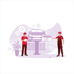 The manager uses pen and paper to conduct a risk assessment in the background of a car being repaired. Finance control scenes. Trend Modern vector flat illustration