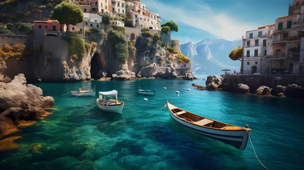 Photo sur Plexiglas Europe méditerranéenne rocky shores and steep cliffs of the Amalfi Coast, with traditional Italian boats
