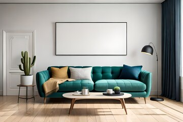blank canvas mock up in modern living room interior with beige sofa, wooden floor, wall panel and cactus, 3d rendering