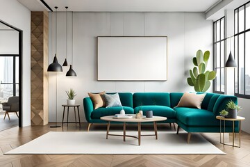 blank canvas mock up in modern living room interior with beige sofa, wooden floor, wall panel and cactus, 3d rendering. modern living room