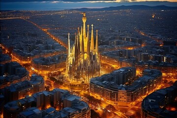 Bird's-eye view of Barcelona Eixample district and Sagrada Familia, Spain, in the evening. Generative AI