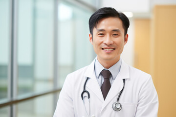 病院で白衣を着て笑顔の日本人の男性医師