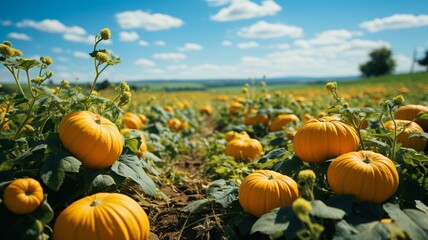 A peaceful pumpkin patch with natural light and a blue sky.