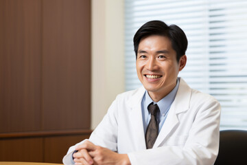 白衣を着てカウンセリング室で患者の話を聴く精神科の医師・専門家(日本人男性)