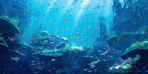 Fototapeta na wymiar Anime underwater ocean sea life fish deep dive background diving vibrant backdrop, generated AI