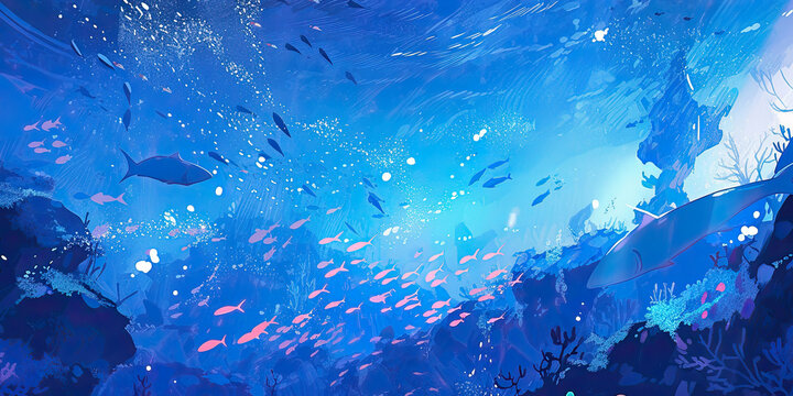Anime underwater ocean sea life fish deep dive background diving vibrant backdrop, generated AI