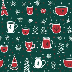 Christmas themed seamless pattern with icons.  AI Generative.
