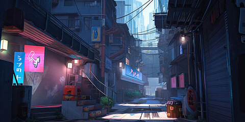 Anime cyberpunk futuristic style city dark alleyway background cartoon cityscape, generated ai