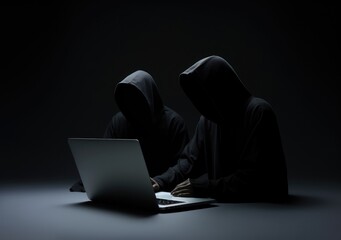 hacker in black hoodie working on laptop in the dark room. Dangerous Hooded Hacker Breaks into Government Data Servers and Infects Their System with a Virus. AI Generative.