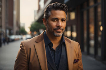 Entrepreneur businessman standing on the sidewalk. 40 year old business man. Very handsome businessman. Smirking. Image created using artificial intelligence.