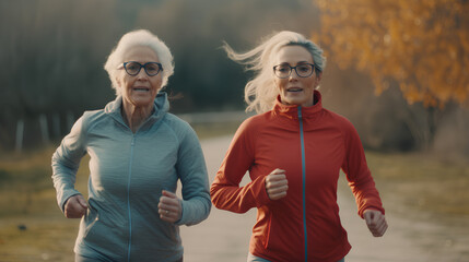 Fototapeta premium A happy, fit, gray-haired elderly couple of elderly women are jogging in an autumn park.