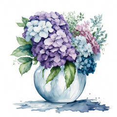 Vase of flowers hydrangea clipart white background scattered water color, scattered watercolor, has shadow, there are random pastel colors on each flower, created with AI Generative technology