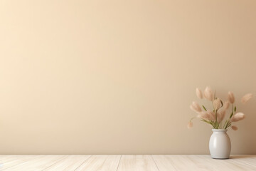 Empty beige wall with a beautiful smooth vase and dry plants on the right side. Minimalistic style background mockup for product presentation. Generative AI. 