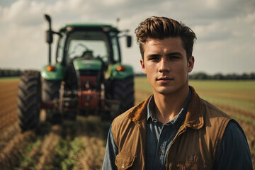 Portrait of a young farmer standing in front of a tractor in a field in summer. Image created using artificial intelligence. - Powered by Adobe