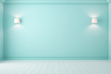 Empty light turquoise wall with two wall lights on the sides and wooden floor. Minimalist background for product presentation. Generative AI. 