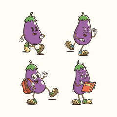 Set of Traditional Eggplant Cartoon Illustration with Varied Poses and Expressions