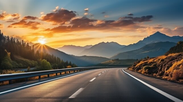 Highway in the mountains at sunset. Beautiful landscape with asphalt road in the mountains, Generative AI