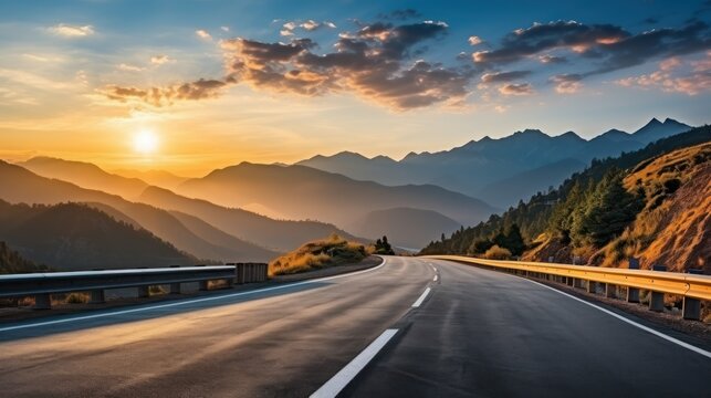 Highway in the mountains at sunset. Beautiful landscape with asphalt road in the mountains, Generative AI