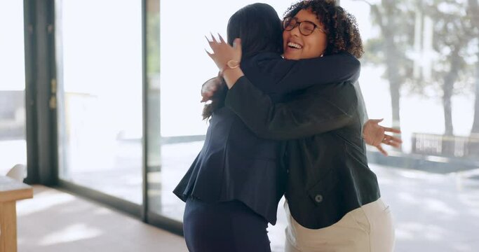 High five, business deal or women hug for success in celebration of goals or sales target with worker. Winner, collaboration or proud employees winning a bonus, team mission or victory in office