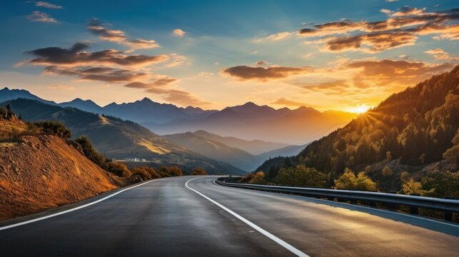 Highway in the mountains at sunset. Beautiful landscape with asphalt road in the mountains, Generative AI