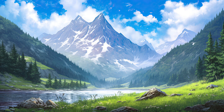 Anime mountains beautiful landscape wide panoramic background backdrop vibrant, generated ai