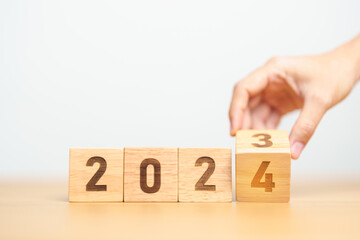 2023 change to 2024 year block on table. goal, Resolution, strategy, plan, start, budget, mission, action, motivation and New Year concepts