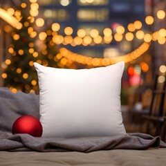 Blank white square Pillow Christmas Mockup Background, Product photography, Decoration, snow, fir tree branch, bokeh, Lamp, Candle, Pinecones, lights