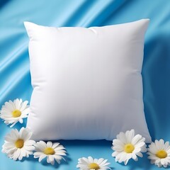 Blank white Pillow Blue Mockup, Happy Easter themed, easter eggs and daisy flowers, Background, Product photography, front view 