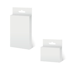 White paper packaging box with hanging hole. Product packaging collection. Vector