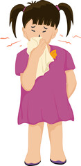 Cartoon drawing of a girl standing holding a cloth over her nose, feeling sick and coughing as a symptom of cold or bronchitis. Health care concept vector illustration.