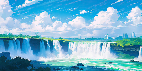 Anime waterfall mountain background beautiful vibrant rivers waterfalls backdrop, generated AI