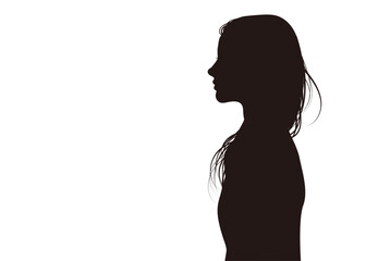 横顔の女性シルエットイラスト（ロングヘア・横向き・白背景）