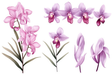 Watercolor image of a set of orchid flowers on a white background