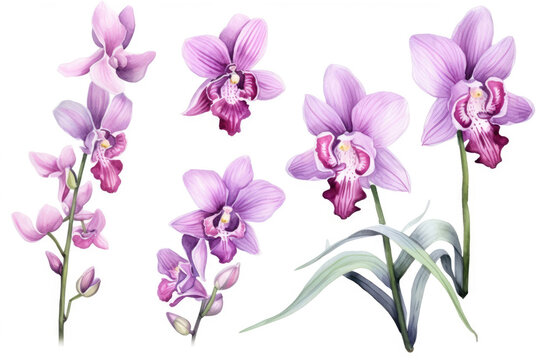 Watercolor image of a set of orchid flowers on a white background