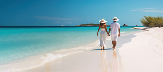 Couple in white walking on tropical beach, Generative AI