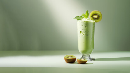 A glass of kiwi (Actinidia deliciosa) smoothies, herb vegan healthy drink on soft gradient blur background.