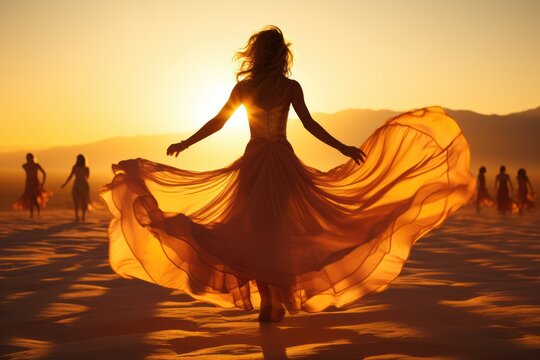 Beautiful young woman in a long dress dancing in the desert at sunset, Generative AI