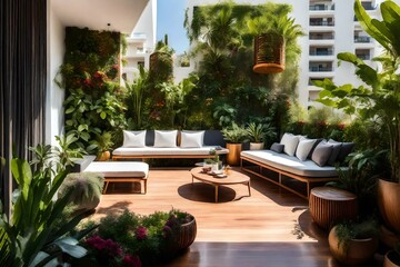modern living room ,Modern balcony sitting area decorated with green plant and white wall. superlative generative AI image.