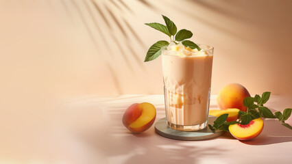 A glass of peach fruit smoothies, herb vegan healthy drink on soft gradient blur background.