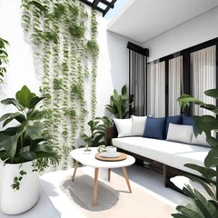 modern living room ,Modern balcony sitting area decorated with green plant and white wall. superlative generative AI image.