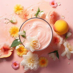 Obraz na płótnie Canvas A glass of peach fruit smoothies, herb vegan healthy drink on soft gradient blur background.