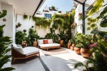 Fototapeta premium modern living room ,Modern balcony sitting area decorated with green plant and white wall. superlative generative AI image.