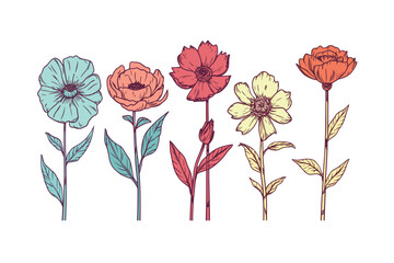 Ink-Style Flower Vector Art: Elegant Design with Stems and Leaves