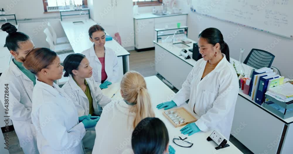 Poster laboratory, student question and teacher with research, future scientist class or college support. m