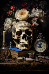 Skull and static nature artwork painting. A skull on a table near a vase with flowers, a clock and a burning candle. 