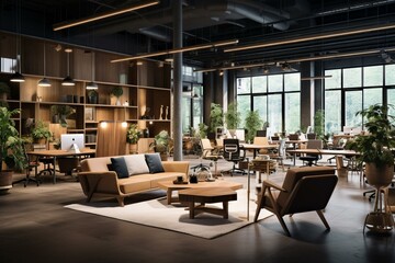 Fototapeta na wymiar Interior of high-end wooden coworking office featuring elegant furniture and modern equipment. Generative AI