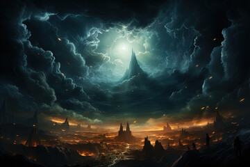 Dark World Afraid Foggy Mountains digital art. Shimmering light breaks through the clouds. beautiful Lighting painting illustration Landscape Wall art