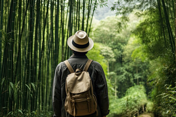 Back view of a man wearing hat with backpack in a bamboo forest