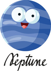 Neptune Planet Vector Cartoon Design Funny Illustration. Cheerful planet smiling being friendly mascot character 
